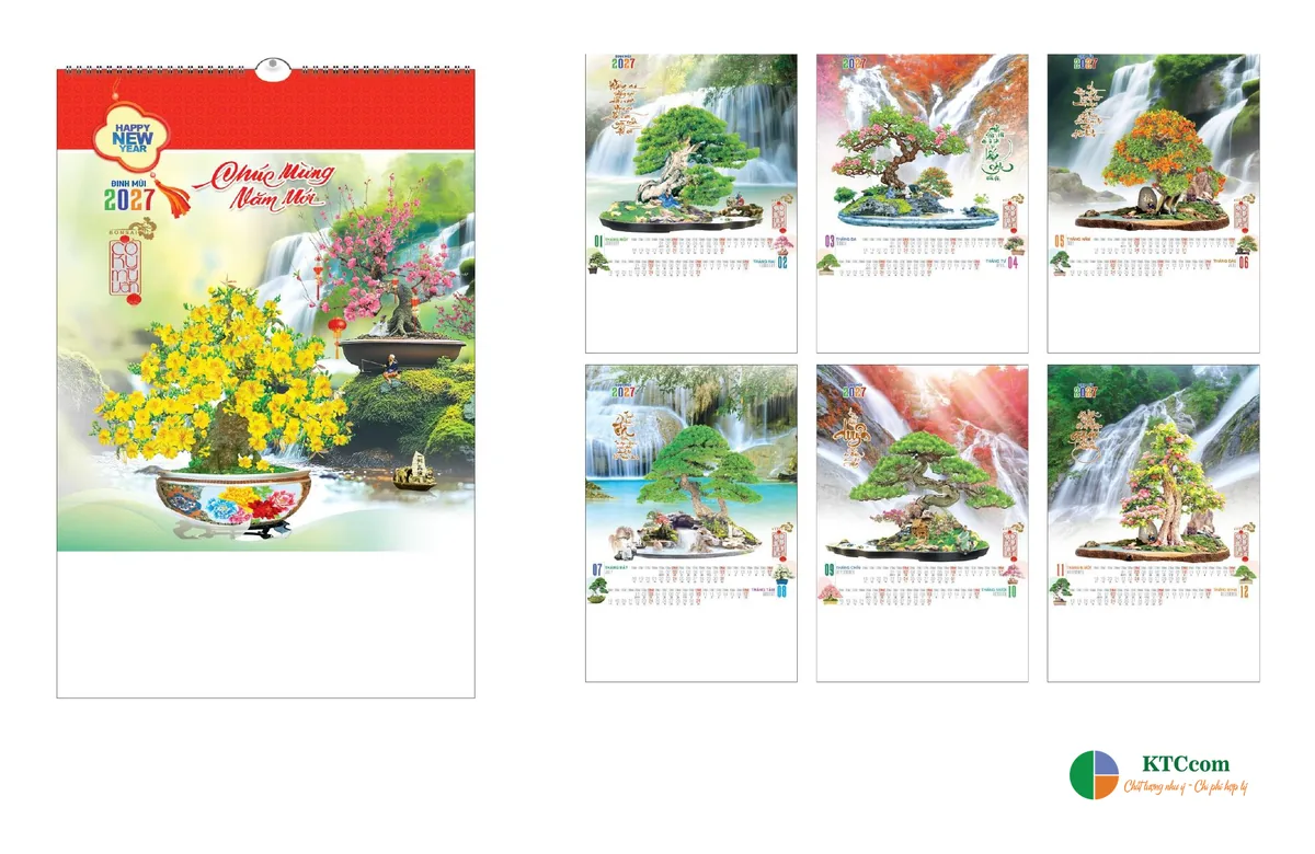 Lịch treo tường 7 tờ lò xo chủ đề bonsai – mẫu lịch Tết 2027 in logo doanh nghiệp