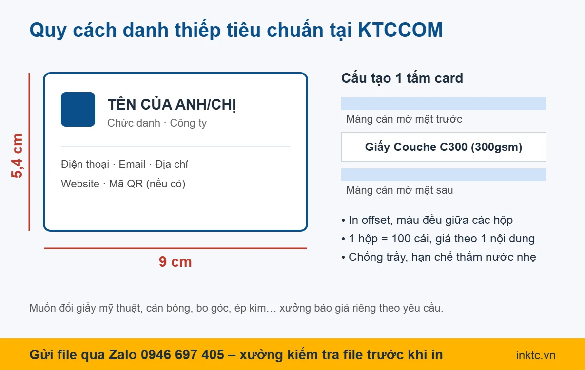Quy cách in danh thiếp 9 x 5,4 cm giấy C300 cán mờ 2 mặt